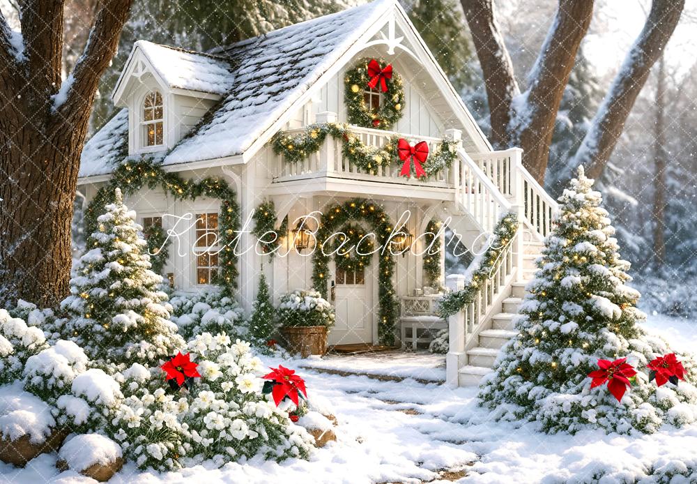 Kate Noël Maison Hiver Neige Arbres Toile de fond conçue par Mini MakeBelieve - Kate Backdrop FR