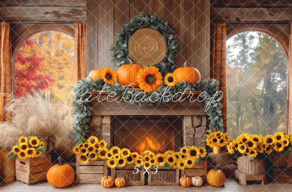 Kate Automne Cheminée Citrouilles Tournesols Toile de fond conçue par Mini MakeBelieve - Kate Backdrop FR