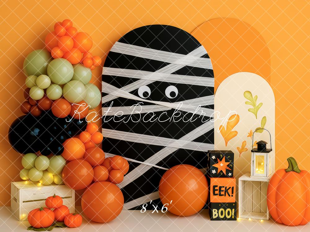 Kate Halloween Momie Citrouilles Ballons Orange Toile de fond conçue par Patty Roberts - Kate Backdrop FR