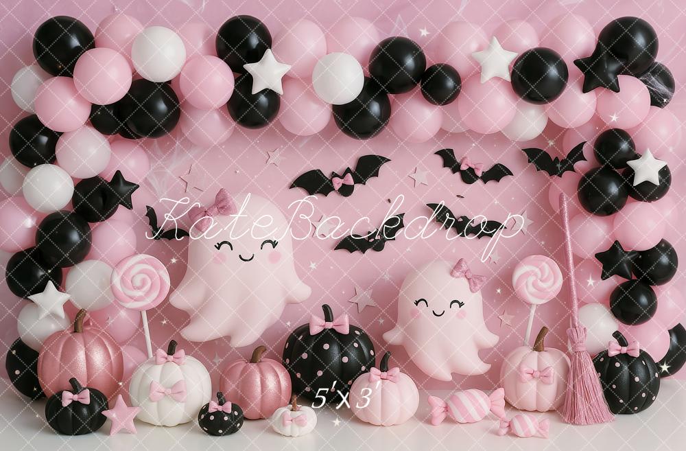Kate Halloween Fantômes Ballons Bonbon Rose Toile de fond conçue par Ashley Paul - Kate Backdrop FR