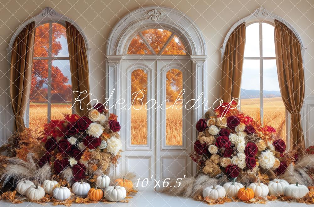 Kate Automne Fenêtre Roses Citrouilles Toile de fond conçue par Mini MakeBelieve - Kate Backdrop FR