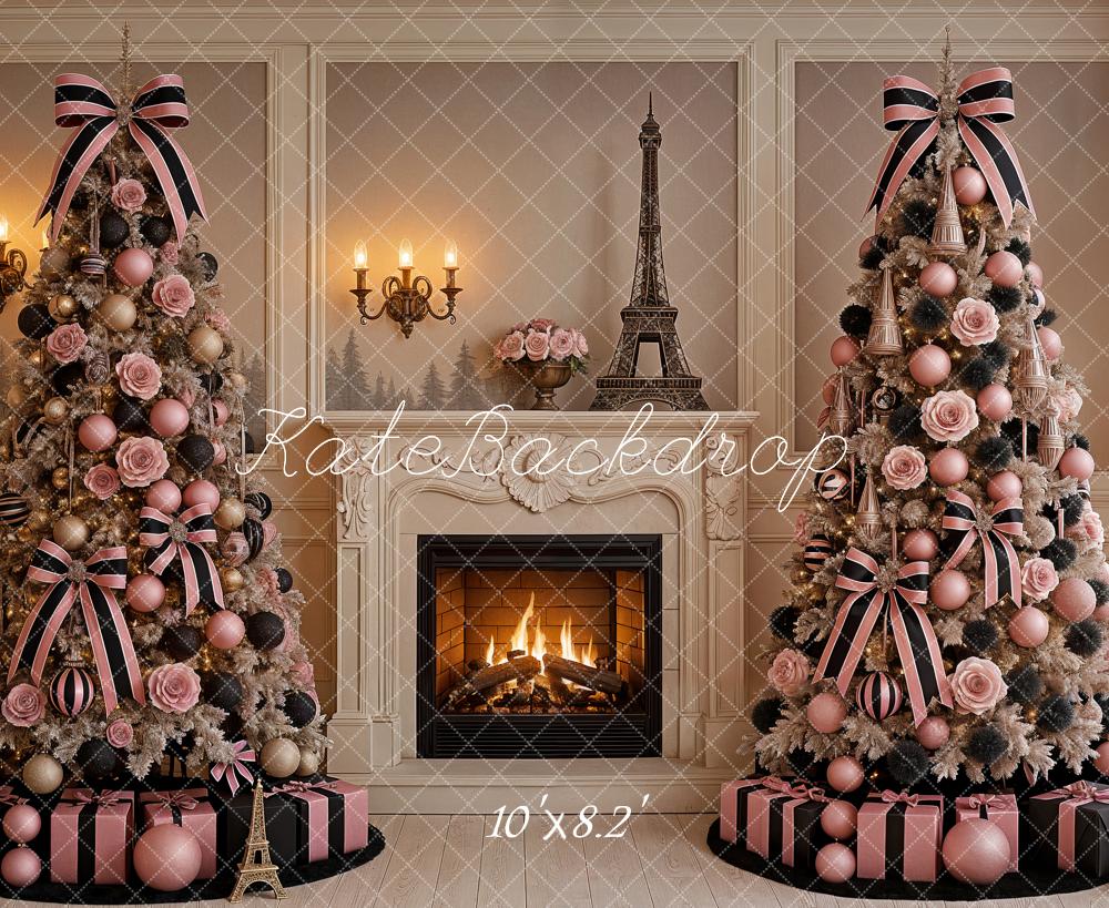 Kate Noël Arbres Roses Tour Eiffel Toile de fond conçue par Ashley Paul - Kate Backdrop FR