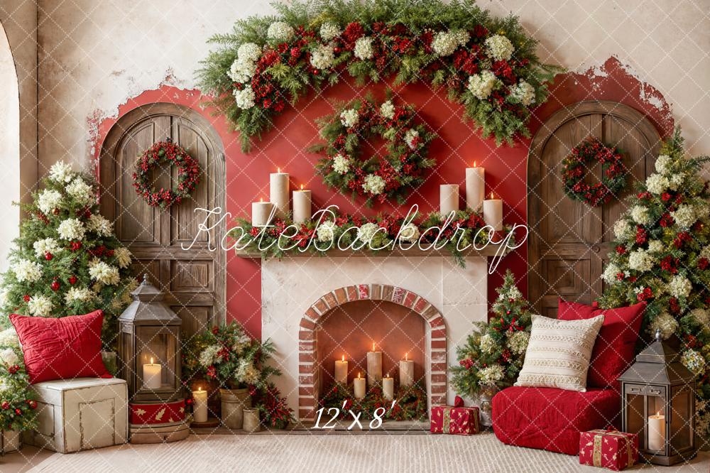 Kate Noël Cheminée Bougies Porte Sapins Toile de fond conçue par Emetselch - Kate Backdrop FR