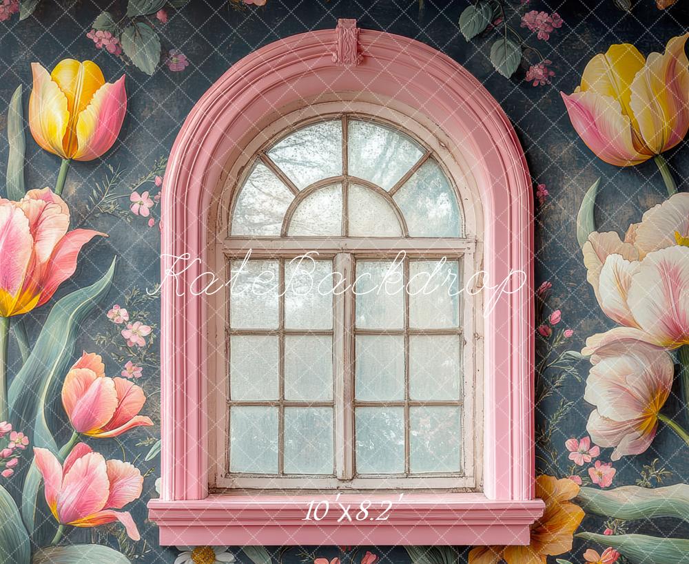 Kate Fenêtre Rose Fleurs Tulipes Toile de fond conçue par Mini MakeBelieve - Kate Backdrop FR