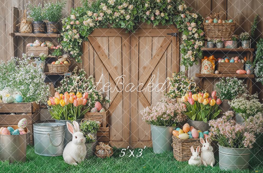 Kate Pâques Lapin Fleurs Porte Bois Toile de fond conçue par Emetselch - Kate Backdrop FR