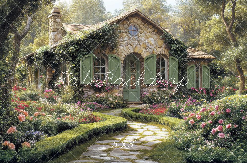 Kate Maison Pierre Jardin Fleurs Toile de fond conçue par Mini MakeBelieve - Kate Backdrop FR
