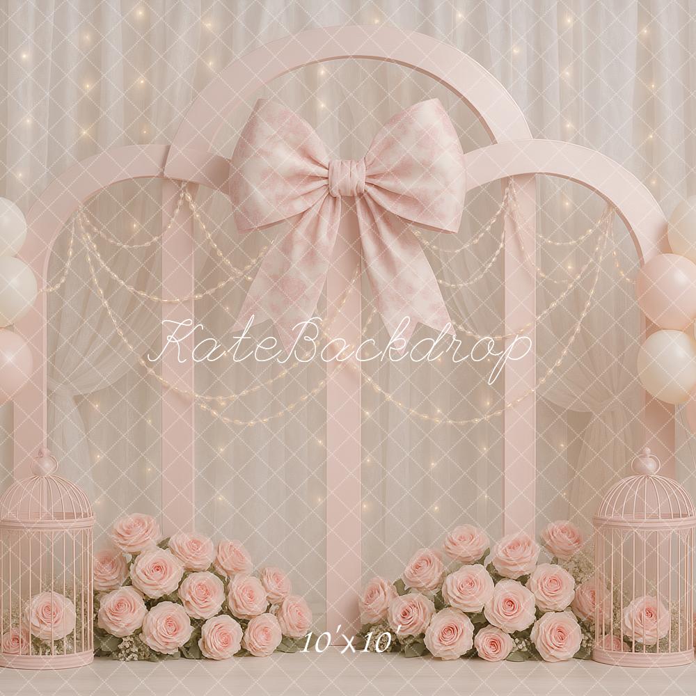Kate Anniversaire Fleurs Nœud Ballons Rose Toile de fond conçue par Ashley Paul - Kate Backdrop FR