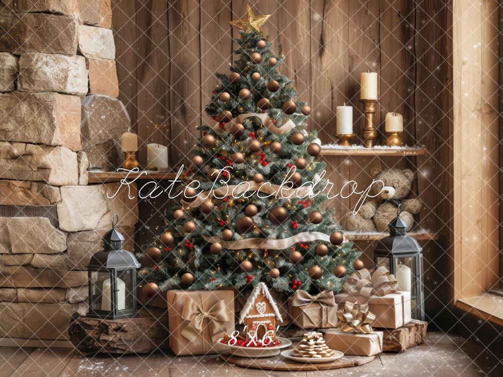 Kate Sapin de Noël Cadeaux Cheminée Bois Toile de fond conçue par Mini MakeBelieve - Kate Backdrop FR