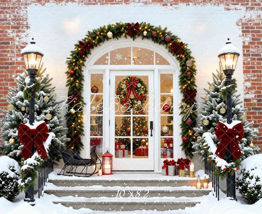 Kate Noël Entrée Sapins Neige Briques Toile de fond conçue par Mini MakeBelieve - Kate Backdrop FR