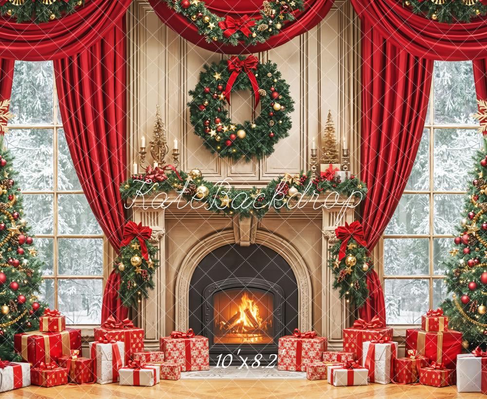 Kate Noël Sapins Cheminée Cadeaux Rouge Toile de fond conçue par Emetselch - Kate Backdrop FR