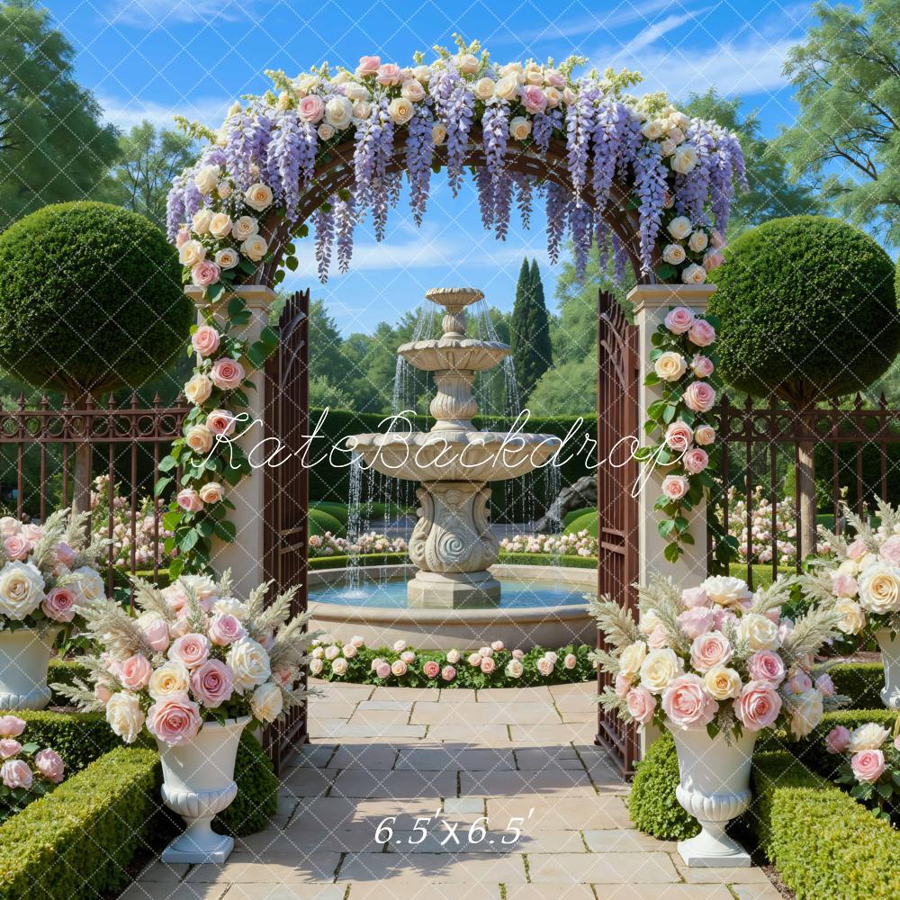 Kate Mariage Arche Fleurs Fontaine Jardin Toile de fond conçue par Mini MakeBelieve - Kate Backdrop FR
