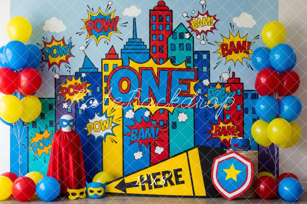 Kate Super Héros Ville Anniversaire Ballons Toile de fond conçue par Patty Roberts - Kate Backdrop FR
