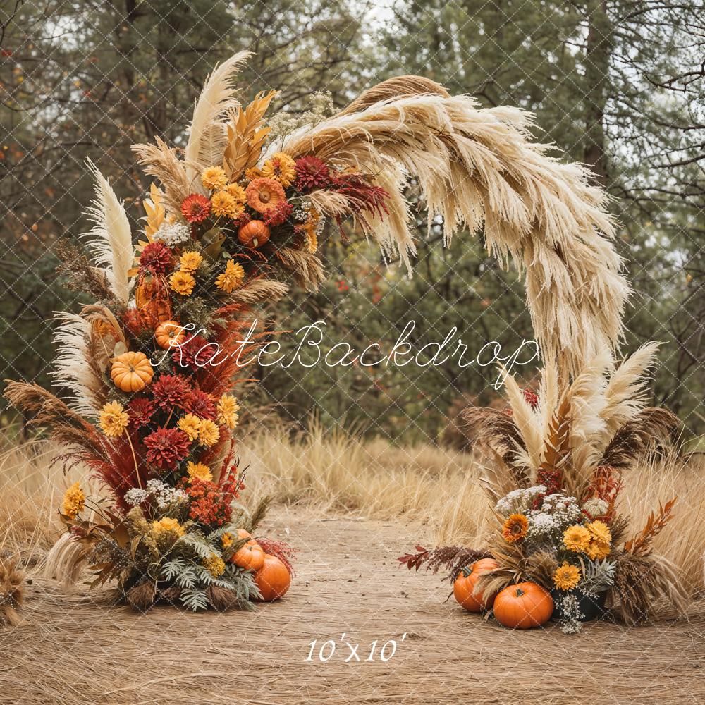 Kate Automne Arc Fleurs Herbe Citrouilles Toile de fond conçue par Emetselch