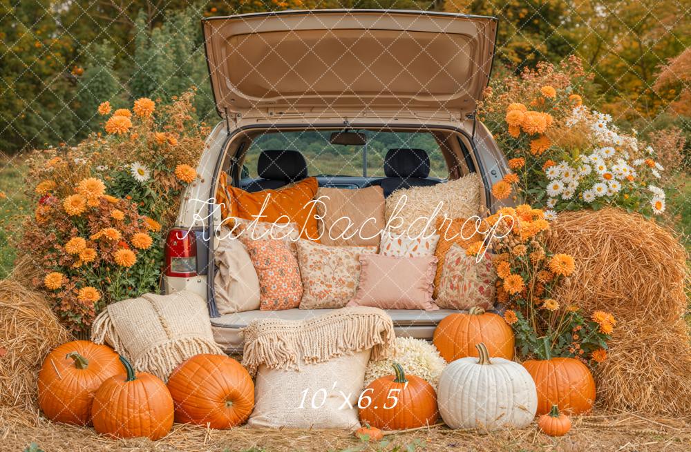 Kate Automne Citrouilles Fleurs Foin Voiture Toile de fond conçue par Emetselch - Kate Backdrop FR