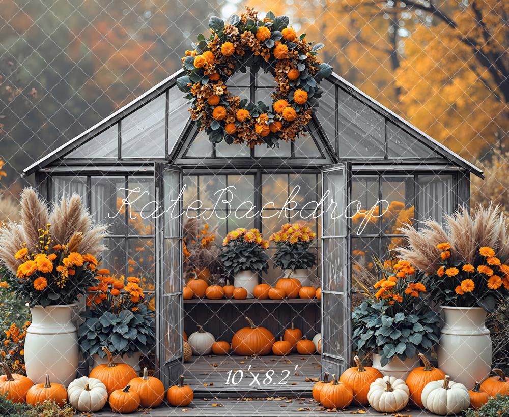 Kate Automne Serre Citrouilles Fleurs Toile de fond conçue par Mini MakeBelieve - Kate Backdrop FR