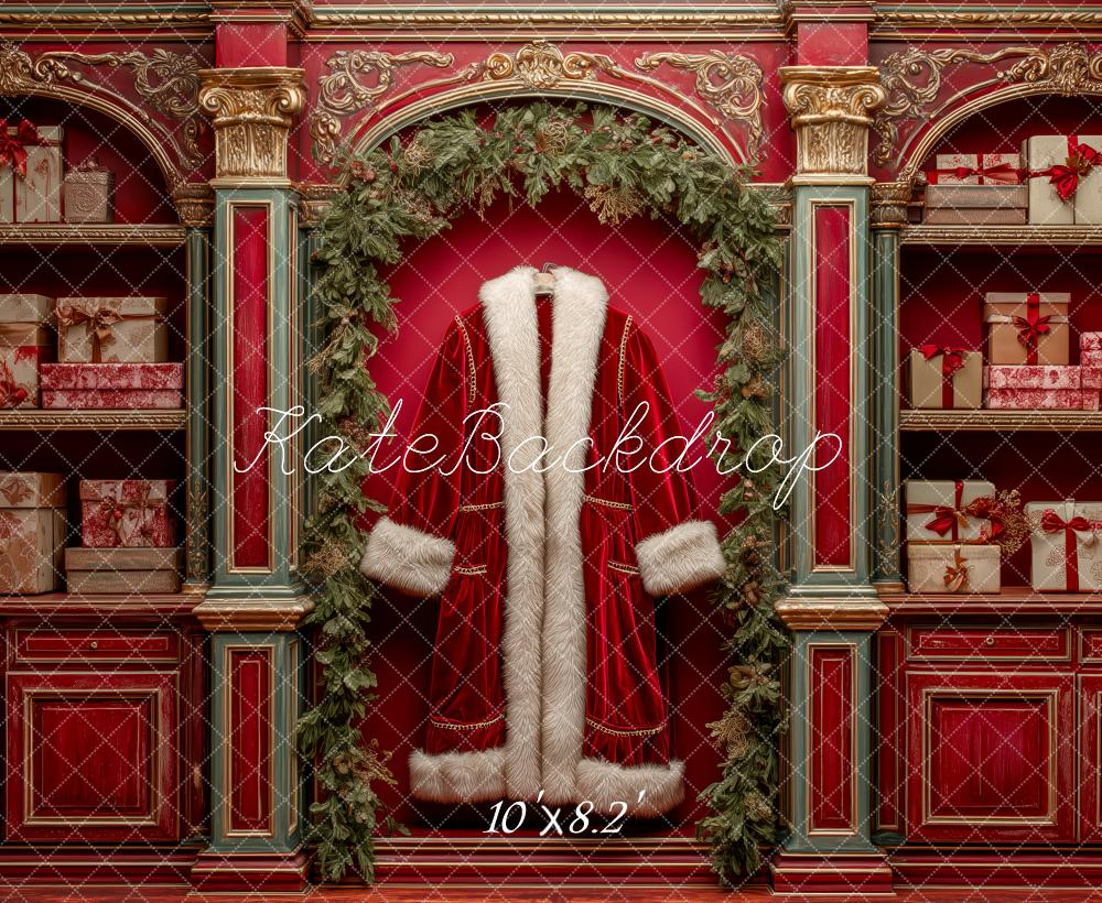 Kate Père Noël Veste Rouge Cadeaux Toile de fond conçue par Patty Roberts - Kate Backdrop FR