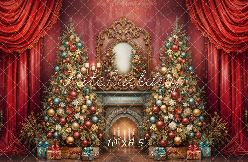 Kate Noël Sapins Cheminée Rideaux Cadeaux Toile de fond conçue par Emetselch - Kate Backdrop FR