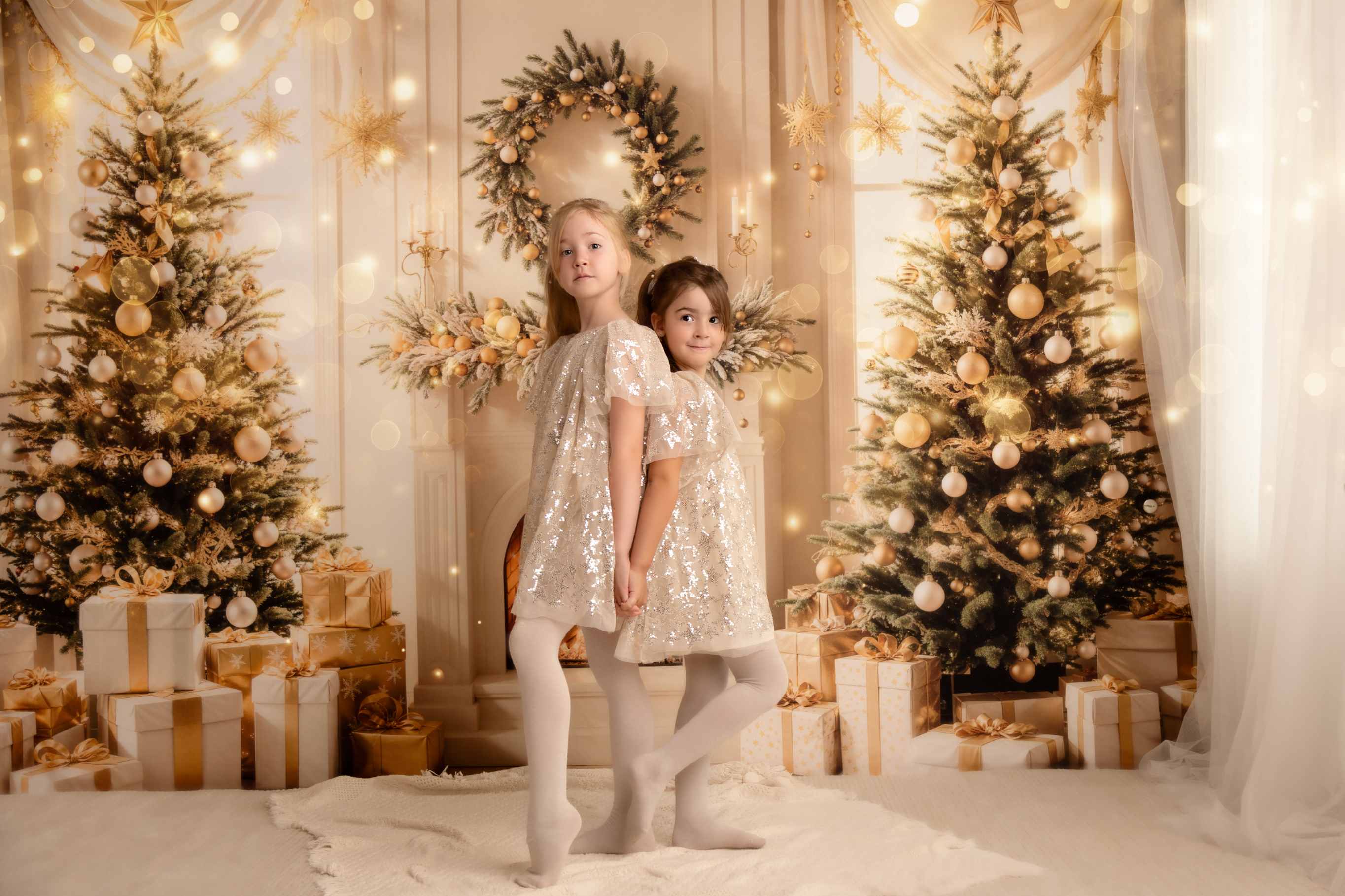 Kate Sapin de Noël Cheminée Doré Cadeaux Toile de fond conçue par Emetselch - Kate Backdrop FR