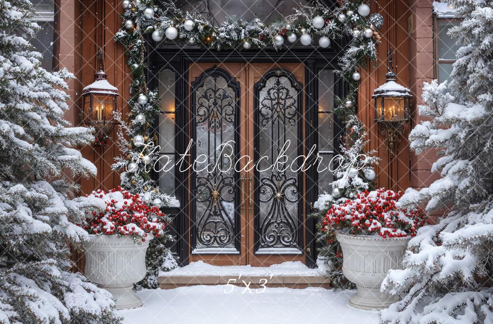 Kate Noël Porte Lanternes Sapins Neige Toile de fond conçue par Emetselch - Kate Backdrop FR