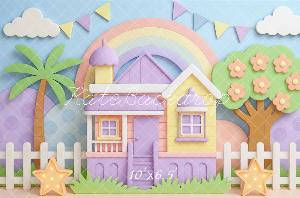 Kate Maison Arc-en-Ciel Étoiles Pastel Toile de fond conçue par Mini MakeBelieve - Kate Backdrop FR
