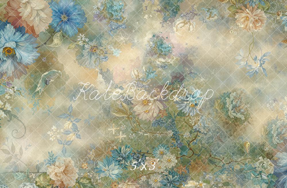Kate Floral Bleu Beige Abstrait Toile de fond conçue par Emetselch - Kate Backdrop FR