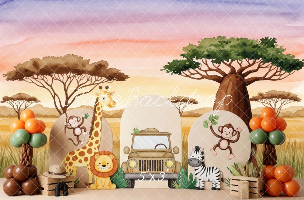Kate Safari Animaux Arbres Ballons Toile de fond conçue par Patty Roberts - Kate Backdrop FR