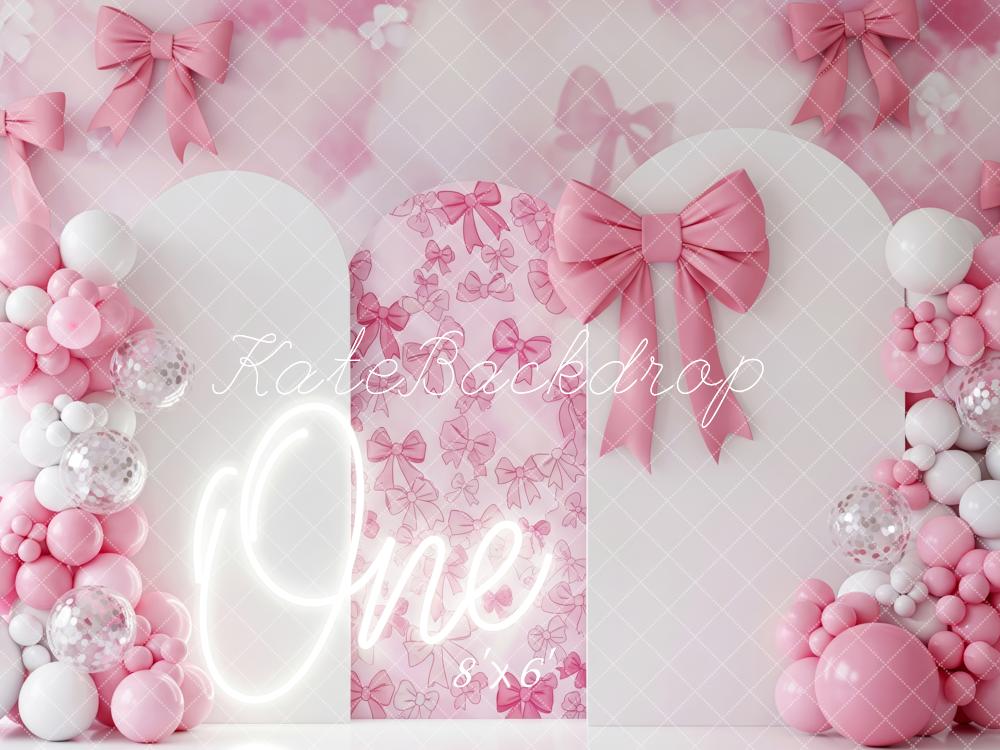 Kate Anniversaire Arc Nœuds Ballons Rose Toile de fond conçue par Patty Roberts - Kate Backdrop FR