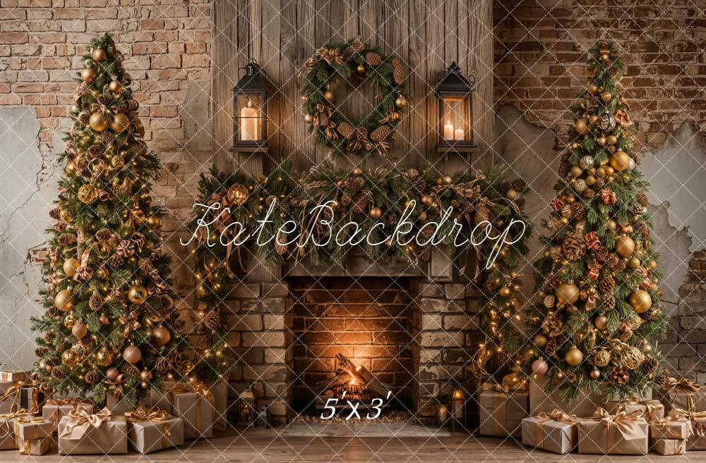 Kate Noël Cheminée Sapins Briques Toile de fond conçue par Emetselch - Kate Backdrop FR