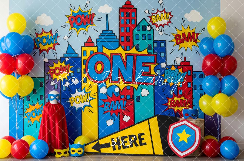 Kate Super Héros Ville Anniversaire Ballons Toile de fond conçue par Patty Roberts - Kate Backdrop FR