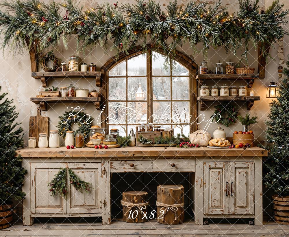 Kate Noël Cuisine Rustique Fenêtre Hiver Toile de fond conçue par Emetselch - Kate Backdrop FR