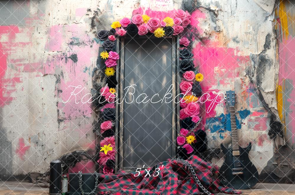Kate Graffiti Cadre Fleurs Guitare Toile de fond conçue par Mini MakeBelieve - Kate Backdrop FR