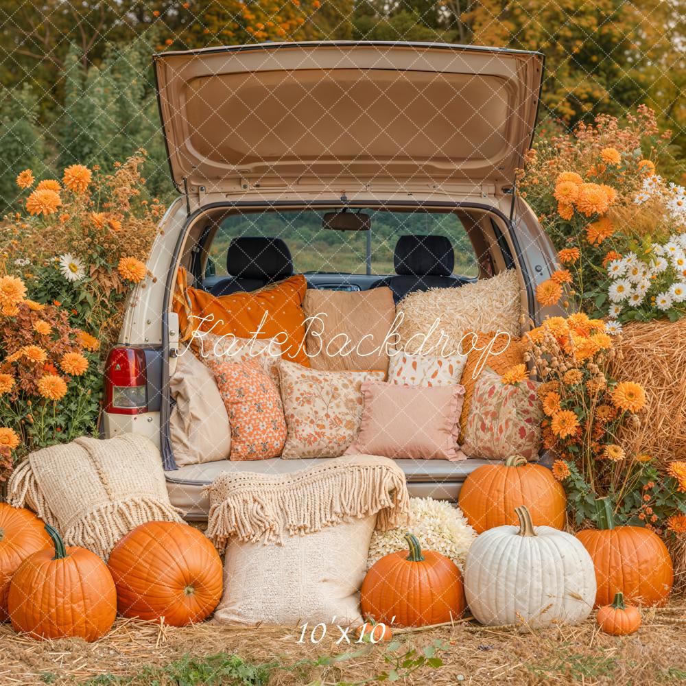 Kate Automne Citrouilles Fleurs Foin Voiture Toile de fond conçue par Emetselch - Kate Backdrop FR