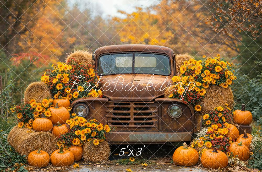 Kate Automne Camion Foin Citrouilles Fleurs Toile de fond conçue par Emetselch - Kate Backdrop FR