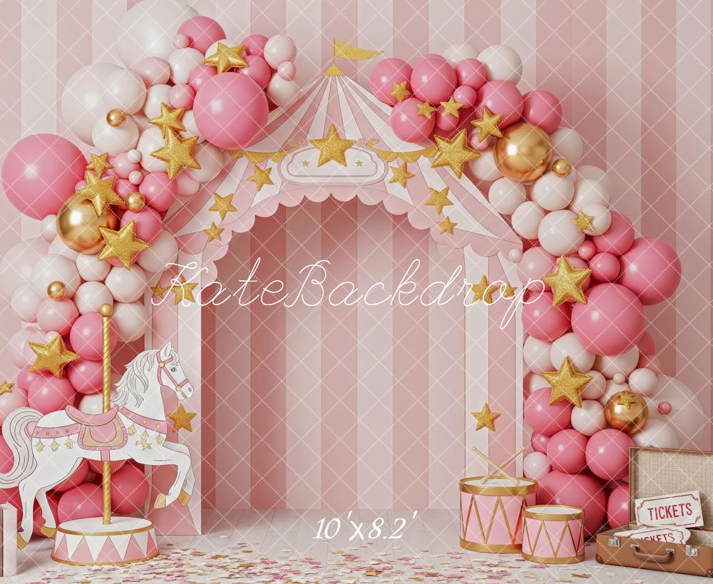 Kate Cirque Carrousel Ballons Rose Toile de fond conçue par Patty Roberts - Kate Backdrop FR