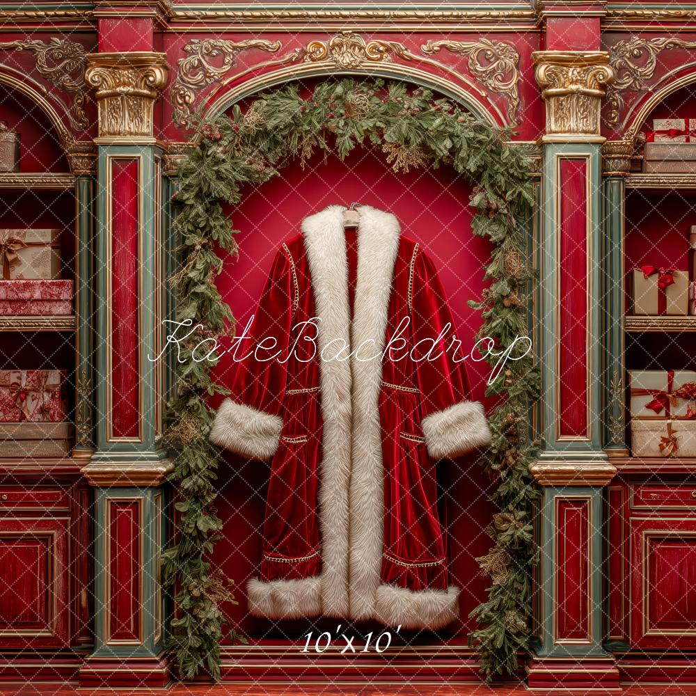 Kate Père Noël Veste Rouge Cadeaux Toile de fond conçue par Patty Roberts - Kate Backdrop FR
