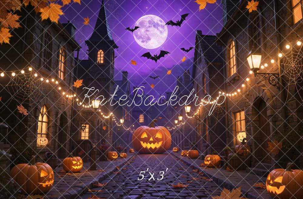 Kate Halloween Rue Citrouilles Lune Toile de fond conçue par Emetselch - Kate Backdrop FR