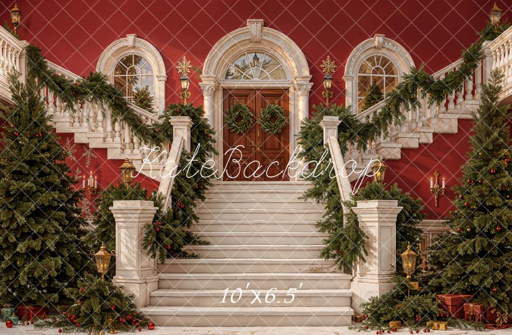 Kate Noël Escalier Porte Sapins Toile de fond conçue par Emetselch - Kate Backdrop FR