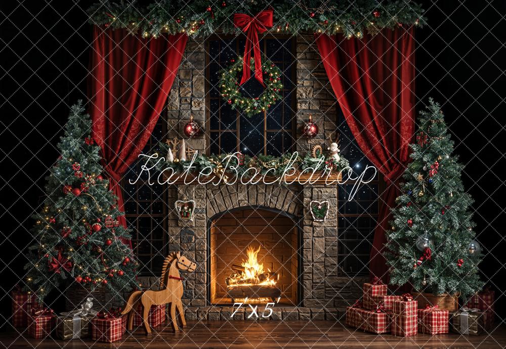 Kate Noël Cheminée Sapins Rideaux Toile de fond conçue par Emetselch - Kate Backdrop FR