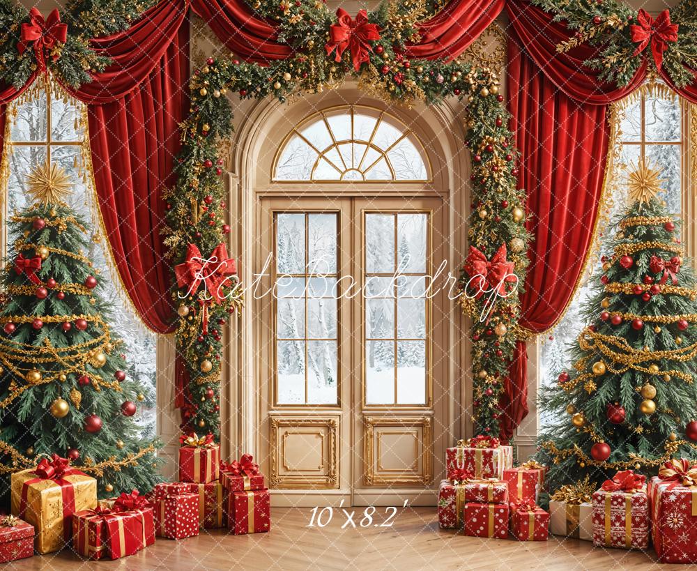 Kate Noël Sapins Fenêtre Cadeaux Rouge Toile de fond conçue par Emetselch - Kate Backdrop FR