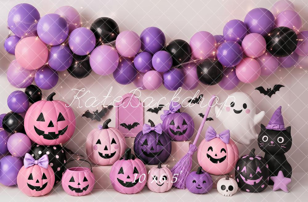 Kate Halloween Citrouilles Ballons Violet Toile de fond conçue par Ashley Paul - Kate Backdrop FR