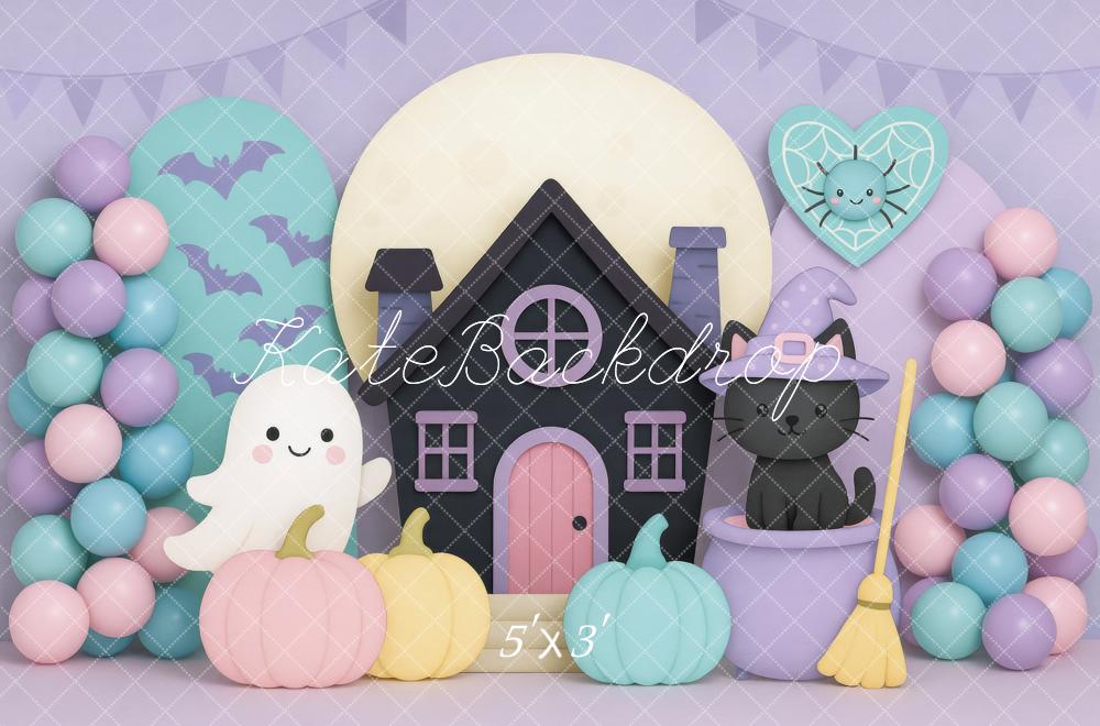 Kate Halloween Maison Chat Fantôme Ballons Toile de fond conçue par Mini MakeBelieve - Kate Backdrop FR