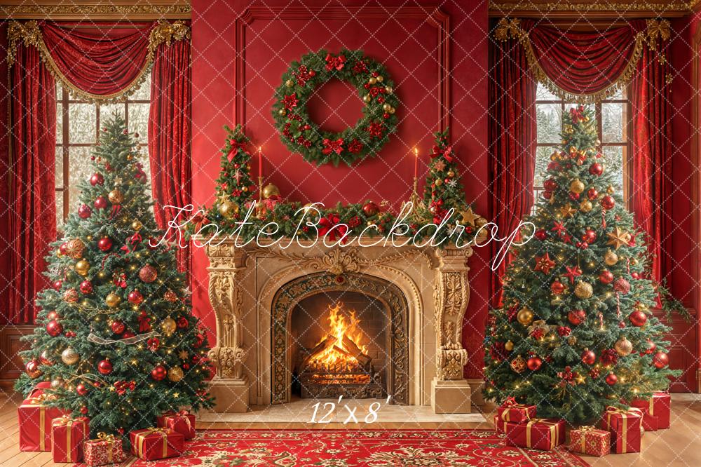 Kate Noël Cheminée Sapins Cadeaux Toile de fond en Laine conçue par Emetselch - Kate Backdrop FR