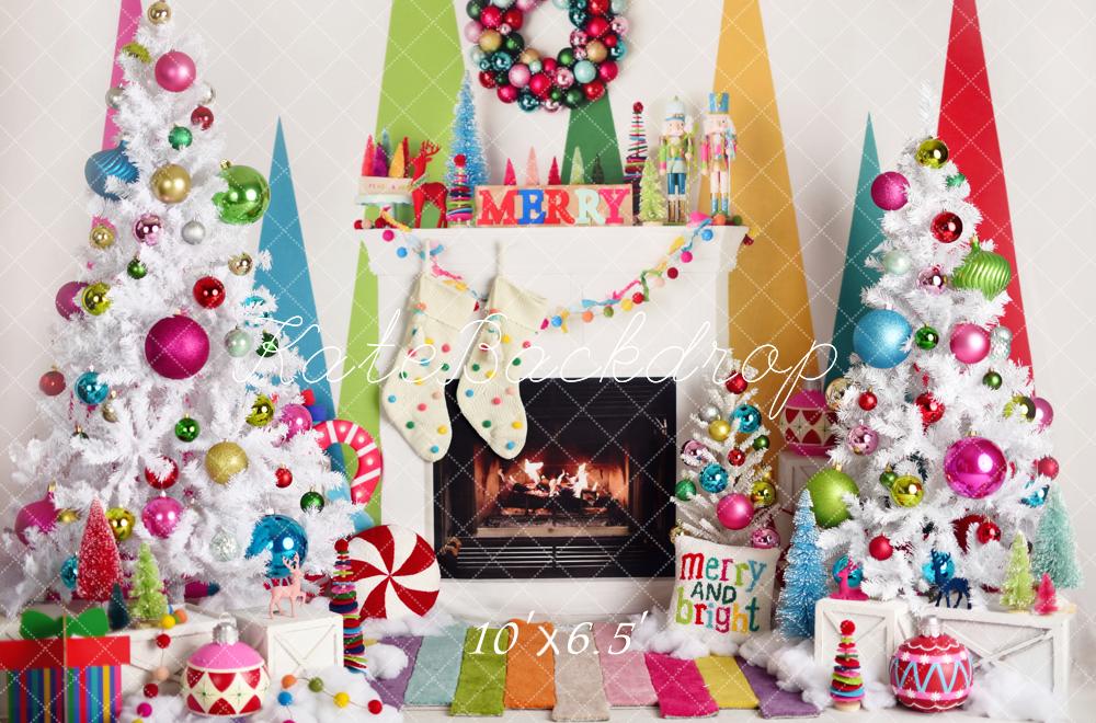 Kate Noël Cheminée Sapins Boules Coloré Toile de fond conçue par Mandy Ringe - Kate Backdrop FR