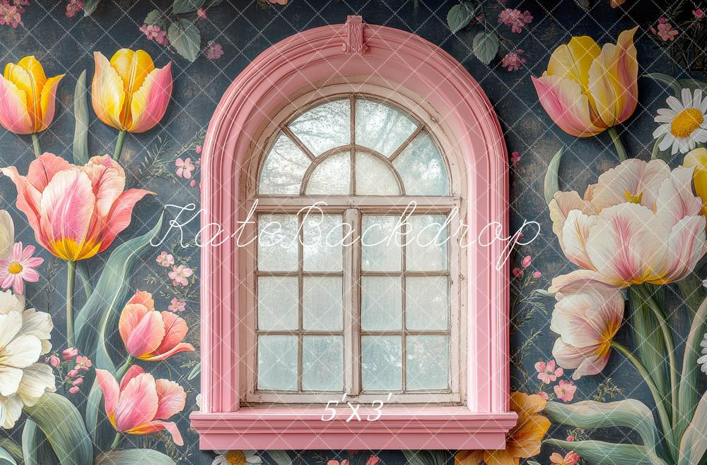 Kate Fenêtre Rose Fleurs Tulipes Toile de fond conçue par Mini MakeBelieve - Kate Backdrop FR