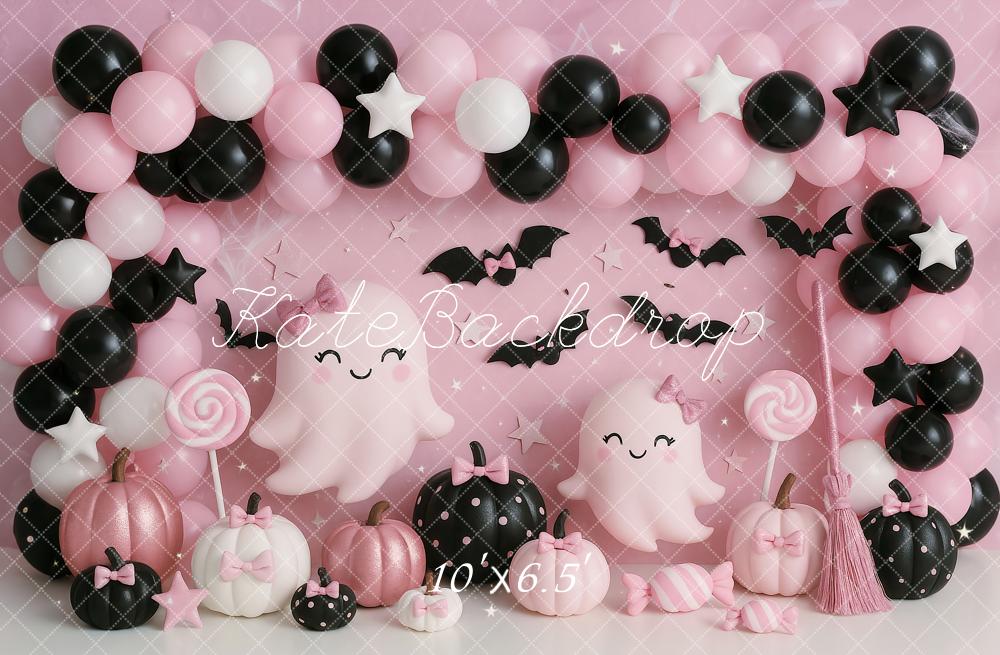 Kate Halloween Fantômes Ballons Bonbon Rose Toile de fond conçue par Ashley Paul - Kate Backdrop FR