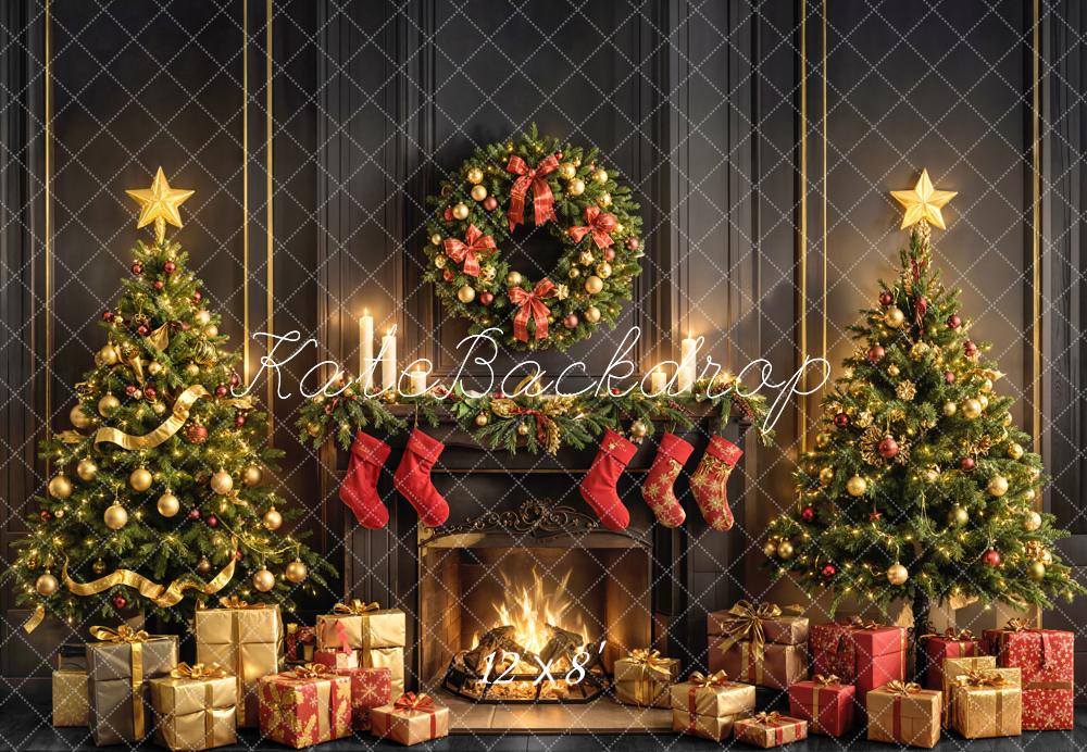 Kate Noël Cheminée Sapins Cadeaux Toile de fond en Laine conçue par Emetselch - Kate Backdrop FR