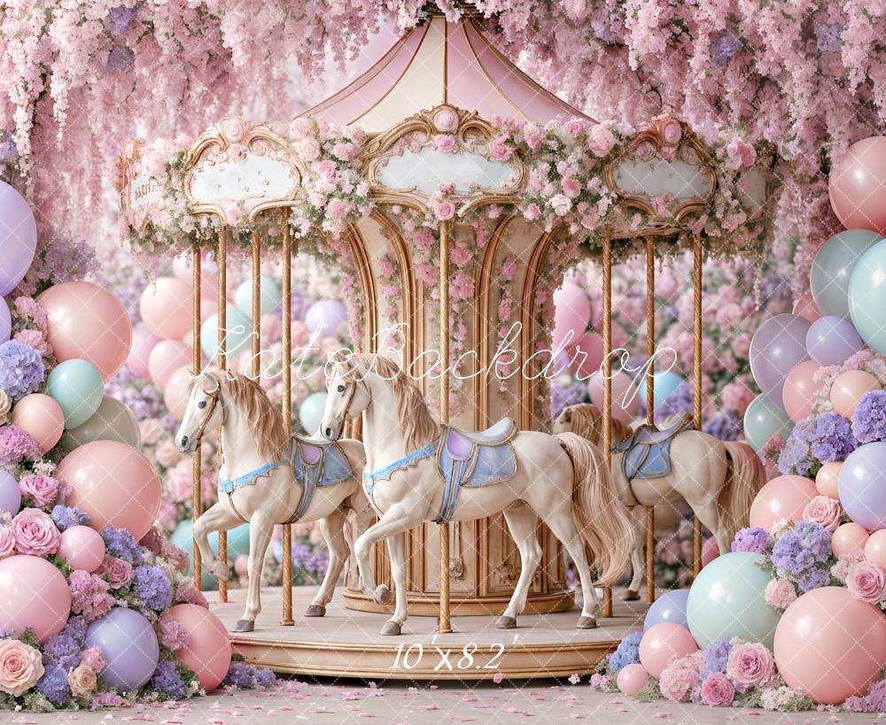 Kate Carrousel Fleurs Ballons Pastel Toile de fond conçue par Ashley Paul - Kate Backdrop FR