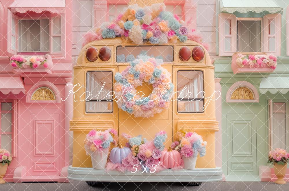 Kate Bus Jaune Fleurs Pastel Toile de fond conçue par Mini MakeBelieve - Kate Backdrop FR