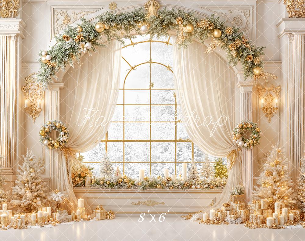 Kate Noël Fenêtre Sapins Doré Toile de fond en Laine conçue par Emetselch - Kate Backdrop FR