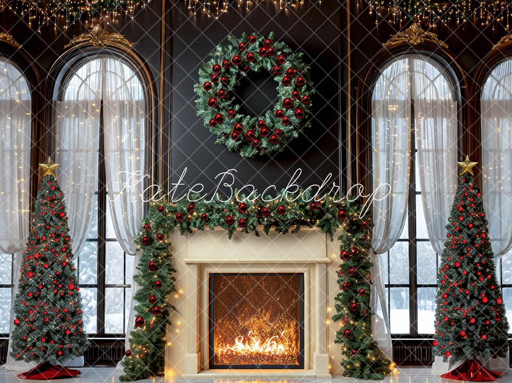 Kate Sapin de Noël Cheminée Fenêtre Lumières Toile de fond conçue par Mini MakeBelieve - Kate Backdrop FR